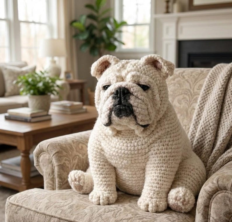 Puede incluir: Un bulldog de ganchillo color crema est&aacute; sentado en un sill&oacute;n estampado. El perro tiene una nariz negra y una expresi&oacute;n seria. El peluche es un art&iacute;culo decorativo para una sala de estar o guarder&iacute;a.
