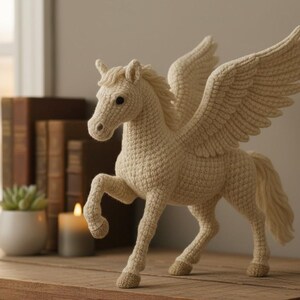 May include: A cream-colored, crocheted Pegasus figurine with outstretched wings. The mythical horse has a detailed mane, tail, and hooves. The wings are large and textured. The Pegasus is standing on a wooden surface.