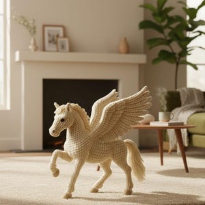 May include: A cream-colored, crocheted Pegasus stands on a light-colored carpet. The mythical creature has large, outstretched wings, a flowing mane and tail, and is posed with one leg raised. The background includes a fireplace, a sofa, and a coffee table.