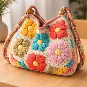 以下が含まれることがあります： 花柄のデザインが施されたかぎ針編みのハンドバッグ。バッグは、クリーム色の背景に、黄色、赤、ピンク、青、緑のカラフルな花が特徴です。ハンドルは、織り込まれたマルチカラーの糸と木製のビーズで作られています。