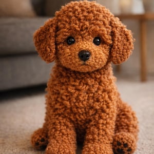 May include: A brown crocheted dog toy, featuring a curly texture and floppy ears. The toy is in a sitting pose, with a black nose and eyes. It is placed on a light-coloured carpet.