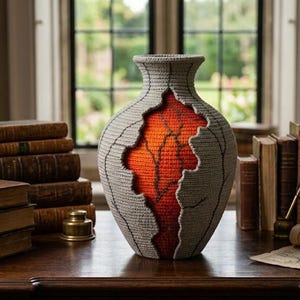 Puede incluir: Un jarrón gris con interior naranja, con un diseño en forma de hoja. El jarrón está sobre un escritorio de madera con pilas de libros antiguos y una ventana al fondo. Una pieza decorativa para la decoración del hogar.