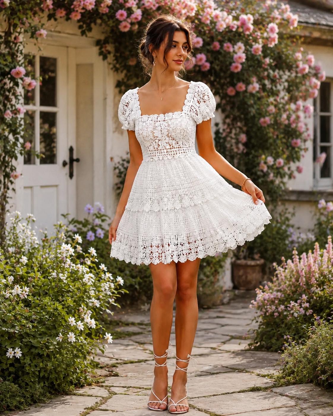 white flowy dress boho short White Lace Boho Maxi Dress – Short Sleeve Embroidered V-Neck Dress in White | Women's Boho Fashion | XL main image 0