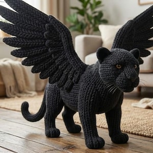 Svart panter Amigurumi-mönster med vingar PDF • Virkat pantermönster • Mytisk stor katt-virkmönster • Handledning för bevingat djurplysch