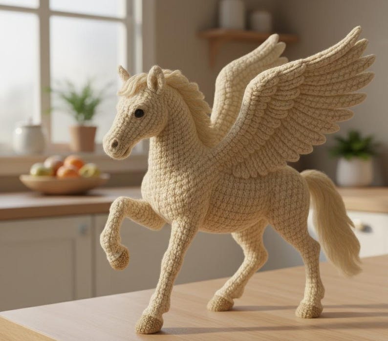 May include: A crocheted Pegasus figurine in a light beige color. The mythical winged horse has detailed wings, a flowing mane and tail, and is posed with one leg raised. The handmade item is displayed on a wooden surface.