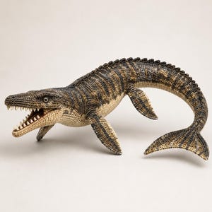 May include: Crocheted Mosasaurus toy in shades of brown and tan. The prehistoric marine reptile has a detailed, textured body, sharp teeth, and flipper-like limbs. The tail curves upwards, and the eyes are visible.