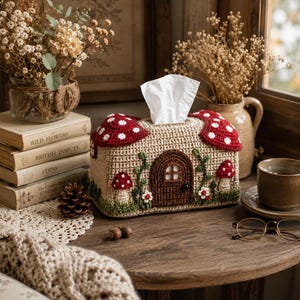 May include: A beige crocheted tissue box cover shaped like a mushroom house, with red mushroom caps and white polka dots. The house has a brown door, green vines, and small red and white flowers. White tissues are visible.