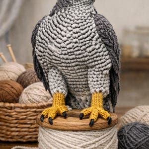 May include: A crocheted hawk sculpture with grey and white detailing, perched on a wooden cotton reel. The hawk's feet are yellow with black claws. Yarn balls and scissors are in the background. A unique handmade item.