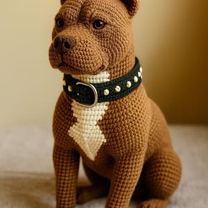 Può includere: Figurina di cane marrone all'uncinetto con un collare nero ornato di borchie bianche. Il cane ha un marchio bianco a forma di diamante sul petto ed è seduto.