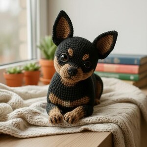 May include: A crocheted Chihuahua dog in black and tan. The handmade dog has large, expressive eyes and perked ears. It is lying on a cream-colored knitted blanket, with a wooden surface in the foreground and a window in the background.