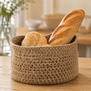 May include: A round, woven basket filled with fresh bread. The basket is made of a light brown, textured material and contains a baguette and a round roll. The bread is golden brown, and the basket sits on a wooden surface.