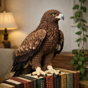 Pode incluir: Uma águia marrom de crochê artesanal com padrões de penas detalhados. A águia está empoleirada em cima de uma pilha de livros antigos com letras douradas. Os olhos amarelos e o bico da ave são bem definidos.