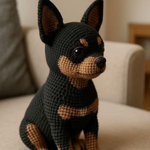 May include: A crocheted dog figurine in black and tan. The dog has large, upright ears, a detailed snout, and is sitting on a neutral-colored surface. The handmade dog has a detailed, textured appearance.