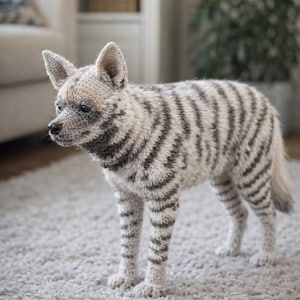 Könnte beinhalten: Handgefertigte, gestrickte Hyänenfigur in Grau- und Weißtönen. Die Hyäne hat dunkelgraue Streifen und steht auf einem hellgrauen Teppich. Die Ohren sind aufrecht und der Schwanz ist kurz.
