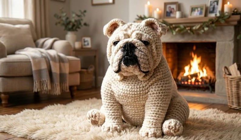 Puede incluir: Un gran perro bulldog de ganchillo de color crema est&aacute; sentado en una alfombra esponjosa. El perro tiene una nariz negra y est&aacute; colocado frente a una chimenea con un fuego crepitante. La habitaci&oacute;n tiene un ambiente acogedor y acogedor.