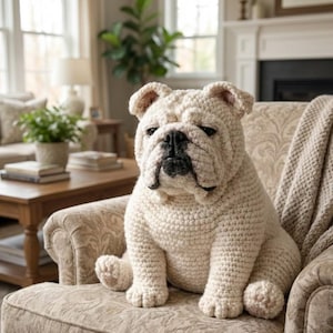 Puede incluir: Un bulldog de ganchillo color crema est&aacute; sentado en un sill&oacute;n estampado. El perro tiene una nariz negra y una expresi&oacute;n seria. La escultura suave es un art&iacute;culo decorativo para el hogar.
