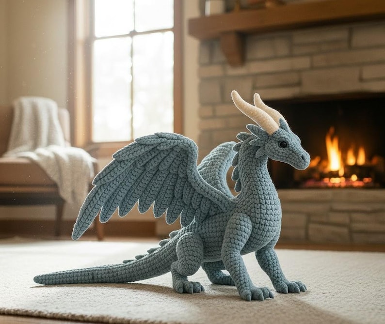 May include: A crocheted dragon in shades of blue, with large wings, horns, and a long tail. The dragon is posed on a rug in front of a fireplace. The dragon is a handmade item.