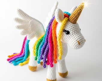 Patrón de crochet de unicornio pegaso – Caballo amigurumi intermedio con alas – Tutorial de peluche de fantasía – Descarga instantánea en PDF