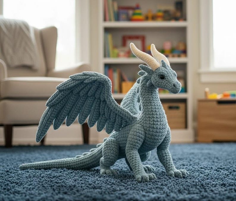May include: A crocheted dragon in shades of blue, with large wings, horns, and a long tail. The handmade toy is positioned on a blue carpet, with a blurred background of a room with a chair and bookshelf.