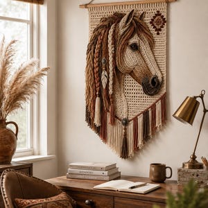 May include: A macrame horse head wall hanging with a cream-colored background, brown and tan mane, and decorative braids. The horse has a detailed face and is adorned with tassels and feathers. The piece hangs from a wooden dowel.