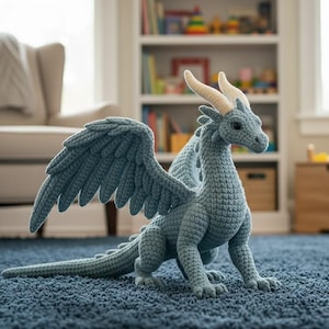 May include: A crocheted dragon in shades of blue, with large wings, horns, and a long tail. The handmade toy is positioned on a blue carpet, with a blurred background of a room with a chair and bookshelf.