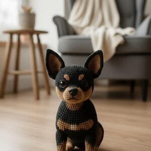 May include: A crocheted black and tan Chihuahua dog with large, dark eyes and a detailed snout. The handmade plush toy is sitting on a wooden floor. The dog's ears and paws are tan, and the body is black with tan markings.