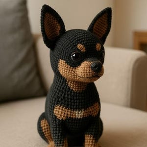 May include: A handcrafted crochet dog figurine in a sitting position. The dog features a black body with tan markings on the chest, paws, and ears. It has large, dark eyes and a black nose. The dog is made of yarn and is sitting on a neutral-colored surface.