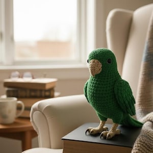 May include: A handmade green crochet parrot with a beige beak and feet, perched on a black book. The bird has black eyes and detailed wings. The parrot is sitting on a book on a white armchair.
