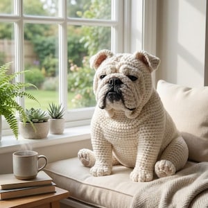 Puede incluir: Un bulldog de ganchillo de color crema est&aacute; sentado en un alf&eacute;izar. El perro tiene una nariz negra y una expresi&oacute;n seria. Una taza de caf&eacute; y libros est&aacute;n sobre una mesita.
