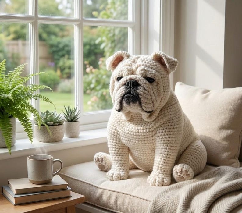 Puede incluir: Un bulldog de ganchillo de color crema est&aacute; sentado en un alf&eacute;izar. El perro tiene una nariz negra y una expresi&oacute;n seria. Una taza de caf&eacute; y libros est&aacute;n sobre una mesita.