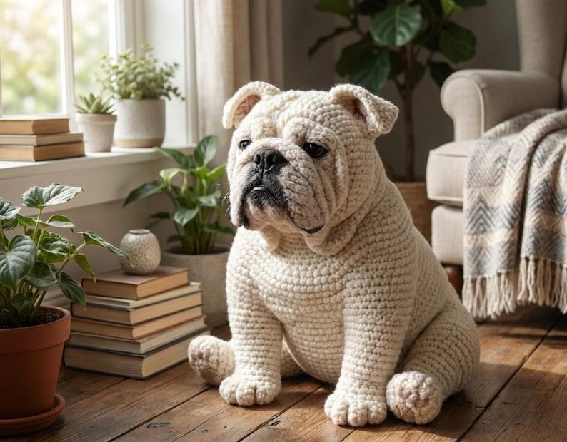 Puede incluir: Una gran escultura de perro bulldog de ganchillo de color crema se encuentra en un suelo de madera. El perro tiene una cara detallada y est&aacute; colocado cerca de una ventana con plantas y libros. La escultura es un objeto decorativo.