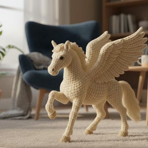 May include: A cream-colored, crocheted Pegasus figurine with outstretched wings. The mythical horse has a detailed mane, tail, and legs, and is posed as if in motion. The wings are large and detailed, and the overall design is soft and textured.
