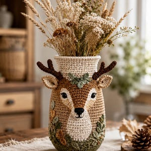 May include: A handcrafted crochet vase shaped like a deer, filled with dried flowers and wheat stalks. The vase features a deer face with brown antlers, a cream-colored snout, and green leaf accents. The vase is sitting on a beige table runner.