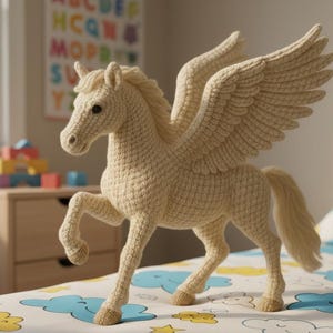 May include: A crocheted Pegasus toy in a light beige color. The mythical creature has large wings, a flowing mane and tail, and is posed with one leg raised. The toy is on a bed with a blue and yellow cloud pattern.