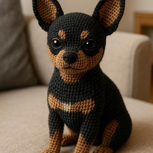 May include: A handcrafted crochet Chihuahua dog figurine. The dog is black and tan, with large, dark eyes and perky ears. The crochet work is detailed, creating a textured appearance. The dog is sitting on a neutral-toned surface.