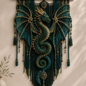 Könnte beinhalten: Handgefertigter Wandbehang mit einem Drachendesign. Der Drache ist überwiegend türkis und grün, mit goldenen Akzenten auf den Flügeln und dem Körper. Das Kunstwerk umfasst Quasten, Perlen und einen Holzstab zum Aufhängen. Thema: Fantasy und Heimdekoration.