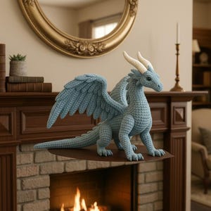 May include: A light blue crocheted dragon figurine with large wings, white horns, and a long tail. The dragon is displayed on a brown shelf in front of a brick fireplace. The dragon is a decorative item.
