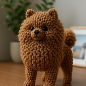 May include: A brown crochet dog figure with a fluffy texture. The dog has black eyes and a small, round nose. It is standing on four legs with a curled tail. The dog is a Pomeranian breed.
