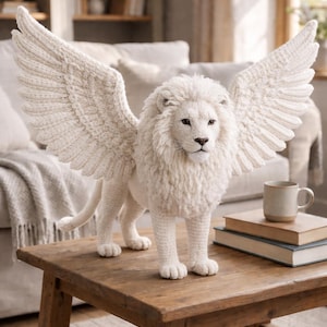Può includere: Una scultura di leone bianco lavorata a maglia con grandi ali dettagliate. Il leone è in piedi su un tavolo di legno, con uno sfondo dai toni neutri. La scultura ha una criniera e una coda soffici e le ali sono spalancate.