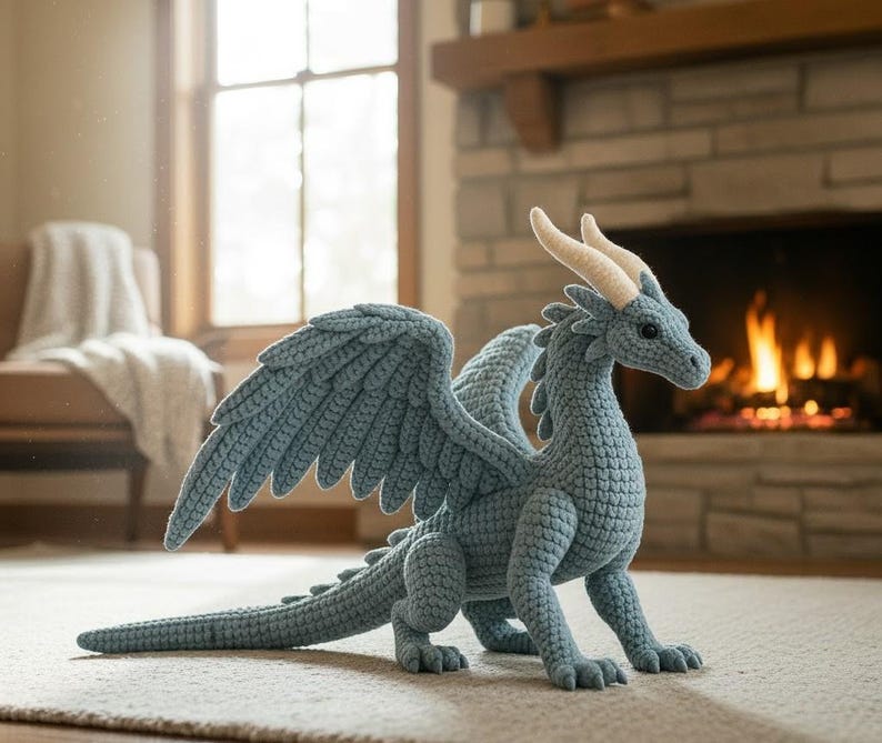 May include: A crocheted dragon in shades of blue, with large wings, horns, and a long tail. The dragon is posed on a rug in front of a fireplace. The dragon is a handmade item.