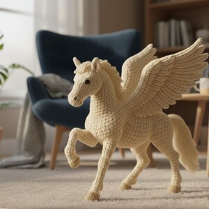 May include: A cream-colored, crocheted Pegasus figurine with outstretched wings. The mythical horse has a detailed mane, tail, and legs, and is posed as if in motion. The wings are large and detailed, and the overall design is soft and textured.