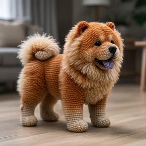 Könnte beinhalten: Gehäkelte Chow Chow Hunde-Figur, überwiegend orange mit flauschiger Mähne und Schwanz, und einer lila Zunge. Der Hund steht auf einem Holzboden. Der Hintergrund ist verschwommen und zeigt ein Sofa und einen Tisch.