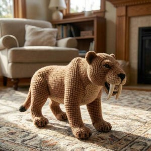 May include: A crocheted saber-toothed tiger in shades of brown, tan, and black. The handmade plush animal has large, curved tusks and is posed with its mouth open. The tiger is standing on a patterned rug in a well-lit room.