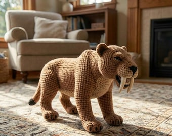 Saber Tooth Tiger Crochet Pattern – Realistic Amigurumi Smilodon – Intermediate Plush Animal DIY Tutorial