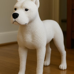 Puede incluir: Escultura de perro de ganchillo blanco hecha a mano. El perro tiene una nariz y ojos negros, con una textura de ganchillo detallada. El perro está de pie sobre sus cuatro patas, con las orejas levantadas. La escultura es un objeto decorativo.