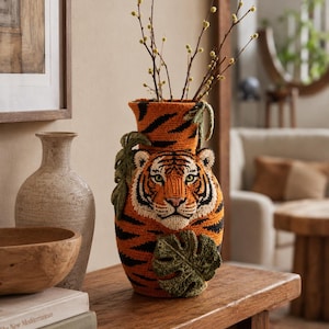 May include: A decorative orange and black tiger-themed vase with a detailed tiger face and stripes. The vase has a green leaf accent and holds branches with small yellow buds. The vase is on a wooden surface.