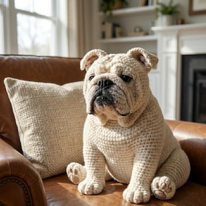 Puede incluir: Un bulldog ingl&eacute;s de ganchillo color crema est&aacute; sentado en un sill&oacute;n de cuero marr&oacute;n junto a un coj&iacute;n a juego. El perro tiene una apariencia detallada y texturizada, con puntadas visibles y rasgos realistas. El entorno es un sal&oacute;n bien iluminado.