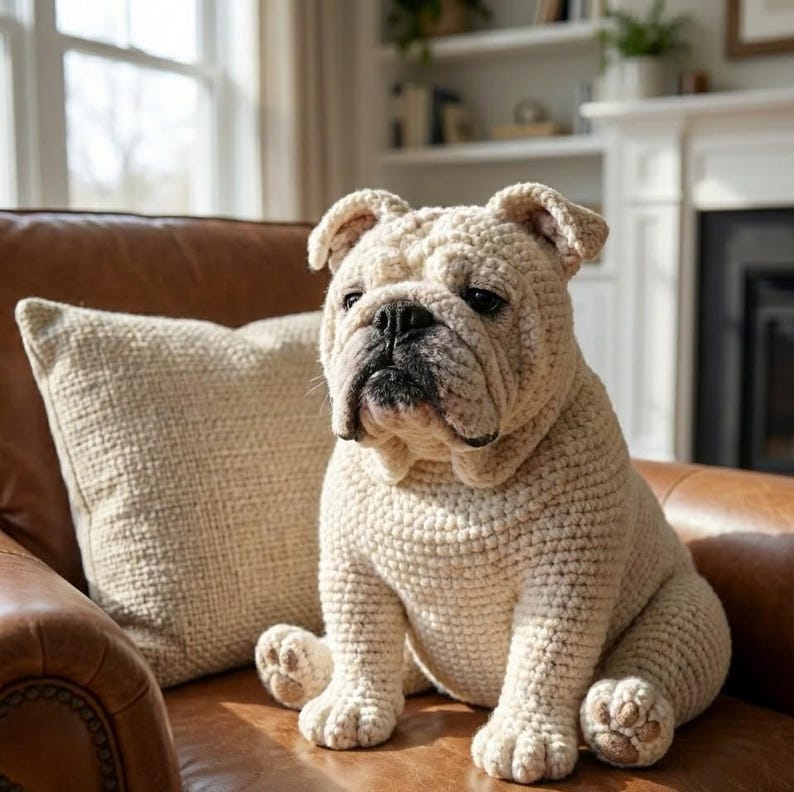 Puede incluir: Un bulldog ingl&eacute;s de ganchillo color crema est&aacute; sentado en un sill&oacute;n de cuero marr&oacute;n junto a un coj&iacute;n a juego. El perro tiene una apariencia detallada y texturizada, con puntadas visibles y rasgos realistas. El entorno es un sal&oacute;n bien iluminado.