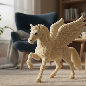 May include: A cream-colored, crocheted Pegasus figurine with outstretched wings. The mythical horse has a detailed mane, tail, and textured body. The wings are large and detailed. The figurine is standing on a light-colored rug.