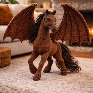 Puede incluir: Figura de caballo alado de ganchillo marrón con crin y cola oscuras. El caballo tiene grandes alas detalladas y está posado como en movimiento. La figura está sobre una alfombra de color claro.